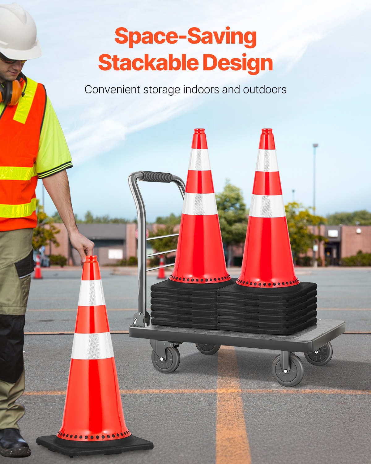 VEVOR Cono de Tráfico 8 Piezas 75 cm Pedestal de Obra de PVC Naranja Cono de Seguridad con Base Pesada y 2 Collares Reflectantes para Demarcación de Estacionamiento de Emergencia en Estacionamiento