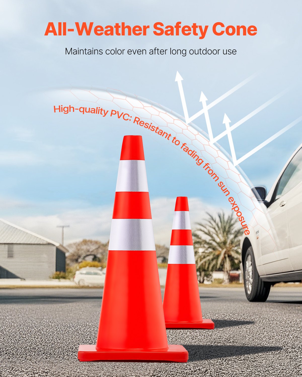 VEVOR Cono de Tráfico Reflectante 12 Piezas 70 cm Pedestal de Obra de PVC Naranja, Cono de Seguridad con 2 Collares Reflectantes, para Demarcación de Estacionamiento de Emergencia en Estacionamiento