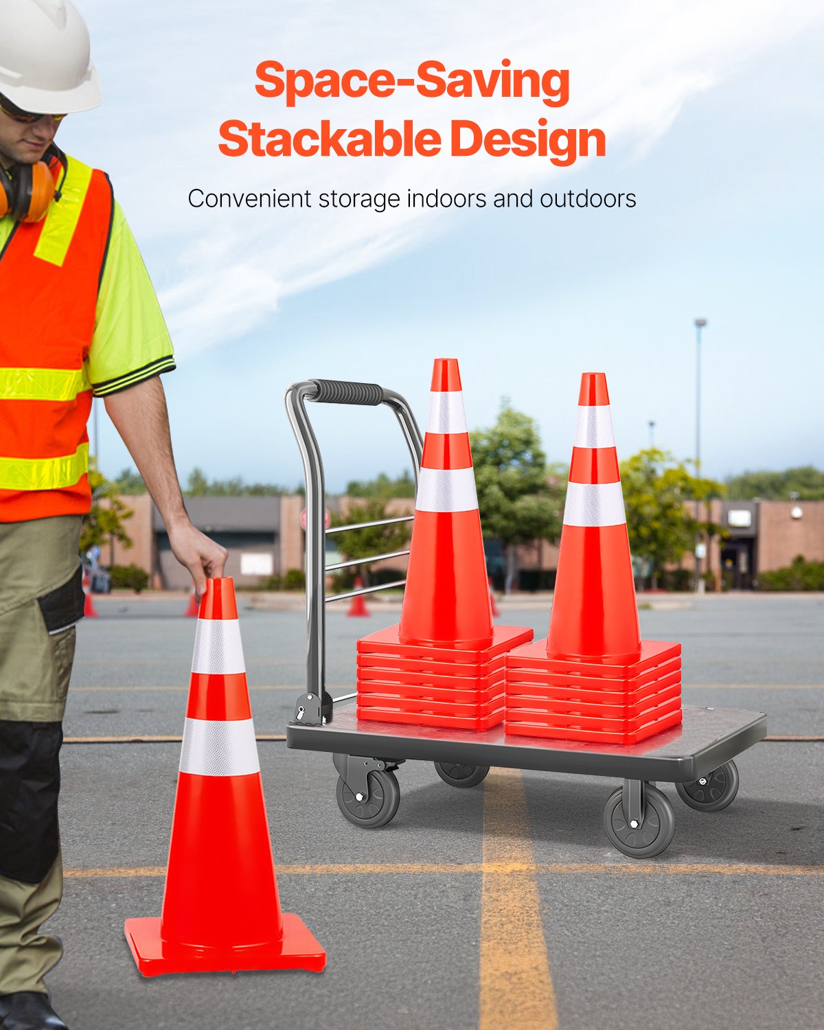 VEVOR Cono de Tráfico Reflectante 12 Piezas 70 cm Pedestal de Obra de PVC Naranja, Cono de Seguridad con 2 Collares Reflectantes, para Demarcación de Estacionamiento de Emergencia en Estacionamiento