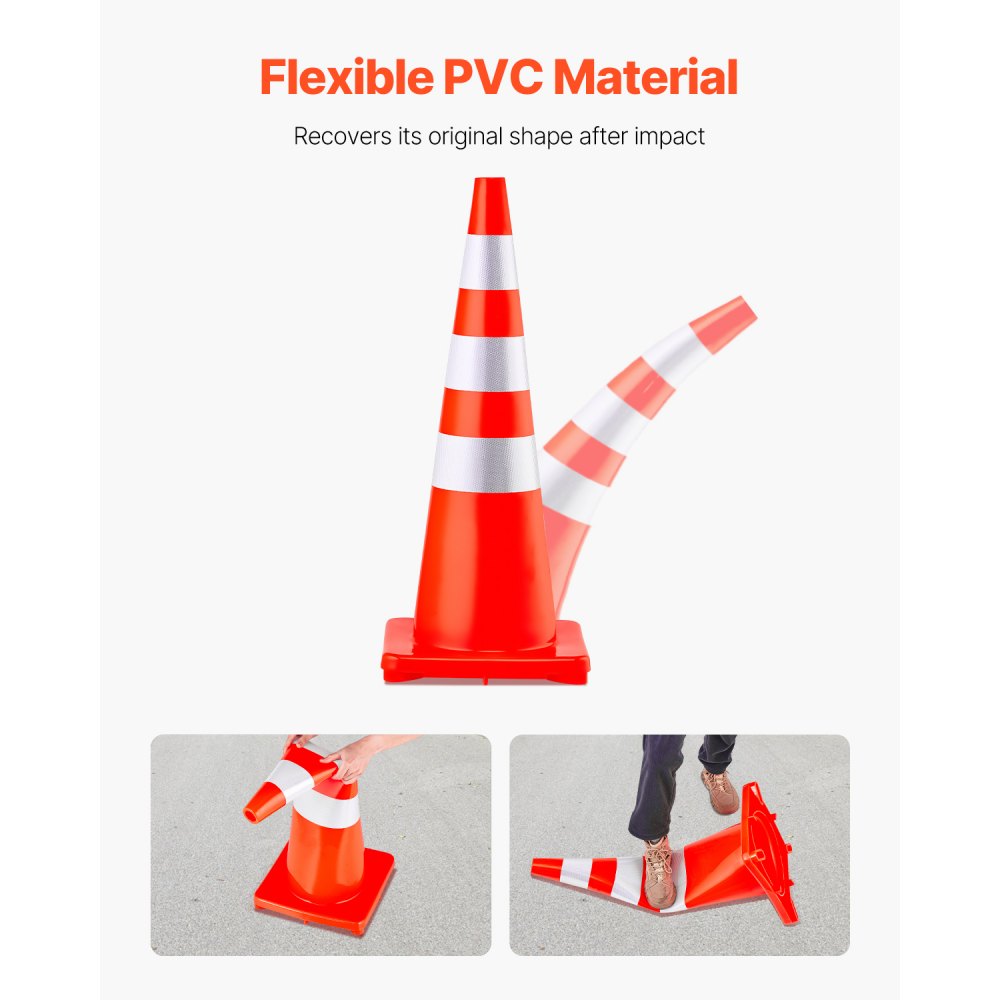 VEVOR Cono de Tráfico 6 Piezas 90 cm Pedestal de Obra de PVC Naranja, Cono de Seguridad con Base Pesada y Collares Reflectantes para Demarcación de Estacionamiento de Emergencia en Estacionamiento
