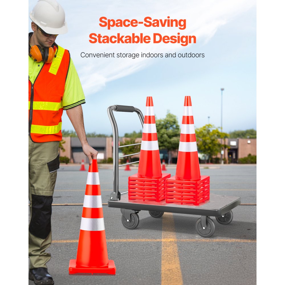 VEVOR Cono de Tráfico 6 Piezas 90 cm Pedestal de Obra de PVC Naranja, Cono de Seguridad con Base Pesada y Collares Reflectantes para Demarcación de Estacionamiento de Emergencia en Estacionamiento