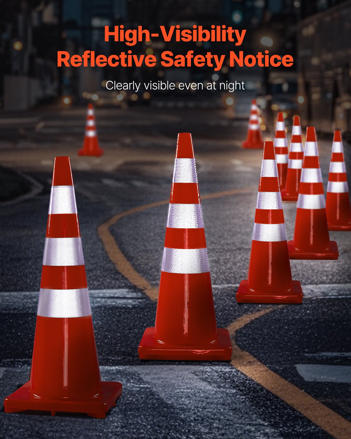 VEVOR Cono de Tráfico 6 Piezas 90 cm Pedestal de Obra de PVC Naranja, Cono de Seguridad con Base Pesada y Collares Reflectantes para Demarcación de Estacionamiento de Emergencia en Estacionamiento
