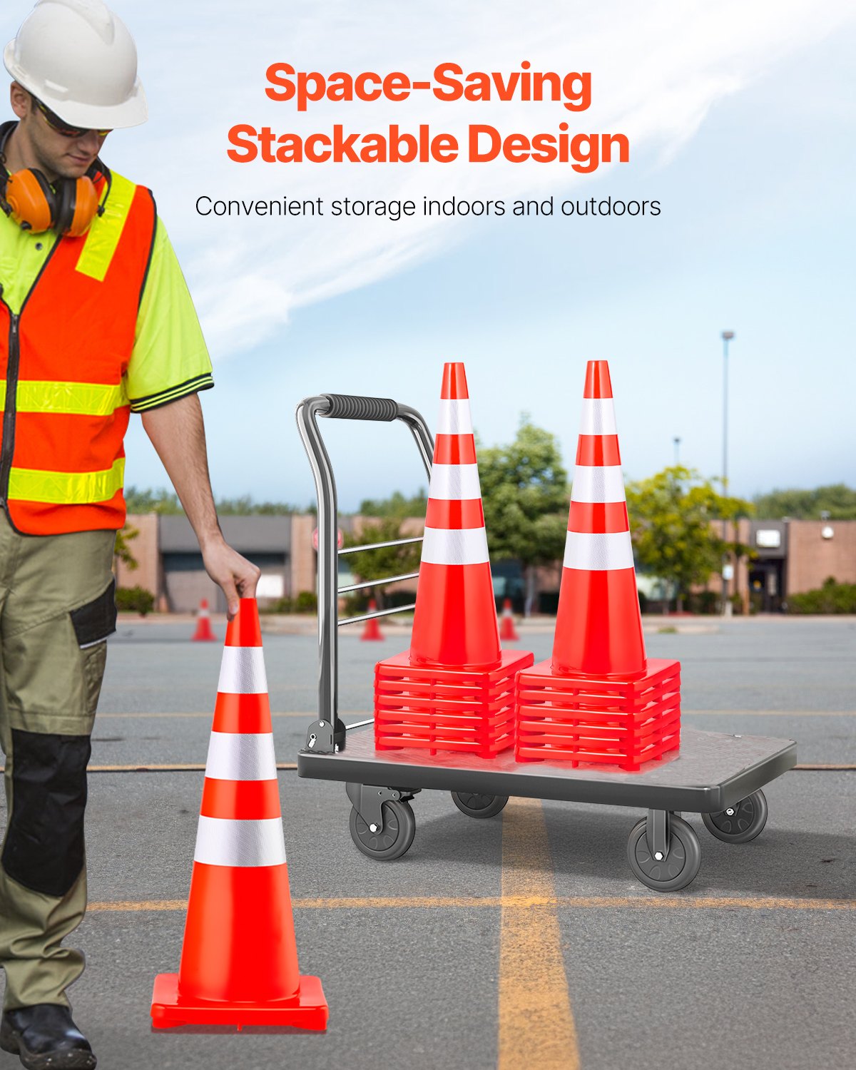 VEVOR Cono de Tráfico 6 Piezas 90 cm Pedestal de Obra de PVC Naranja, Cono de Seguridad con Base Pesada y Collares Reflectantes para Demarcación de Estacionamiento de Emergencia en Estacionamiento