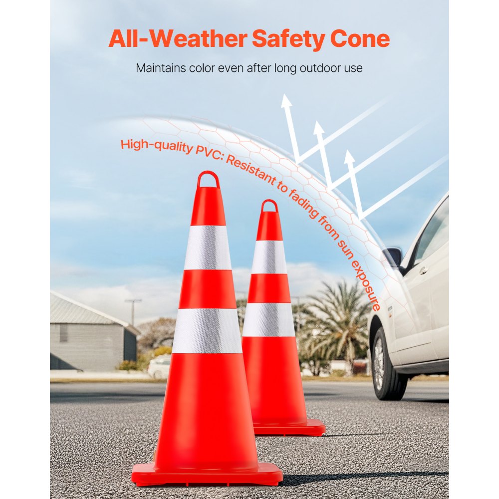 VEVOR Cono de Tráfico 12 Piezas 73 cm Pedestal de Obra de PVC Naranja, Cono de Seguridad con Base Pesada y 2 Collares Reflectantes, para Demarcación de Estacionamiento de Emergencia en Estacionamiento