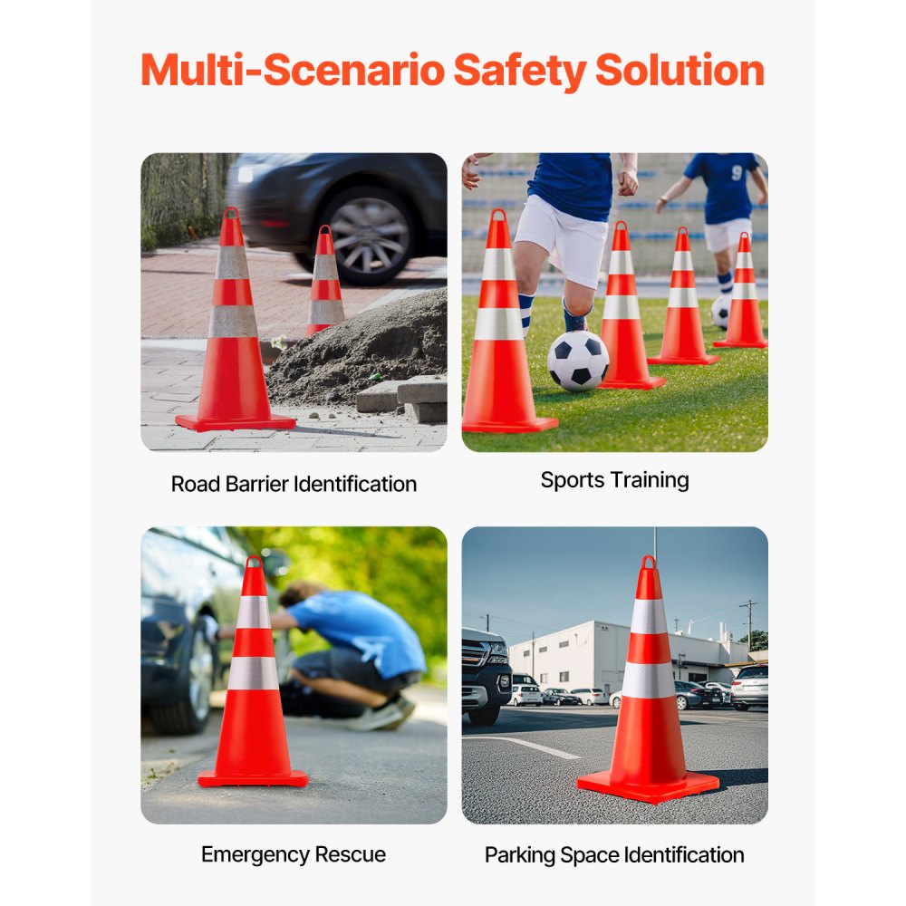 VEVOR Cono de Tráfico Reflectante 73 cm, Pedestal de Obra de PVC, Cono de Seguridad con Base Pesada y Anillo Portátil para Demarcación de Estacionamiento Carretera, Naranja y Plata