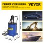 Especificaciones del producto de bomba de grasa VEVOR con imágenes de vehículos, excavadoras y barcos.