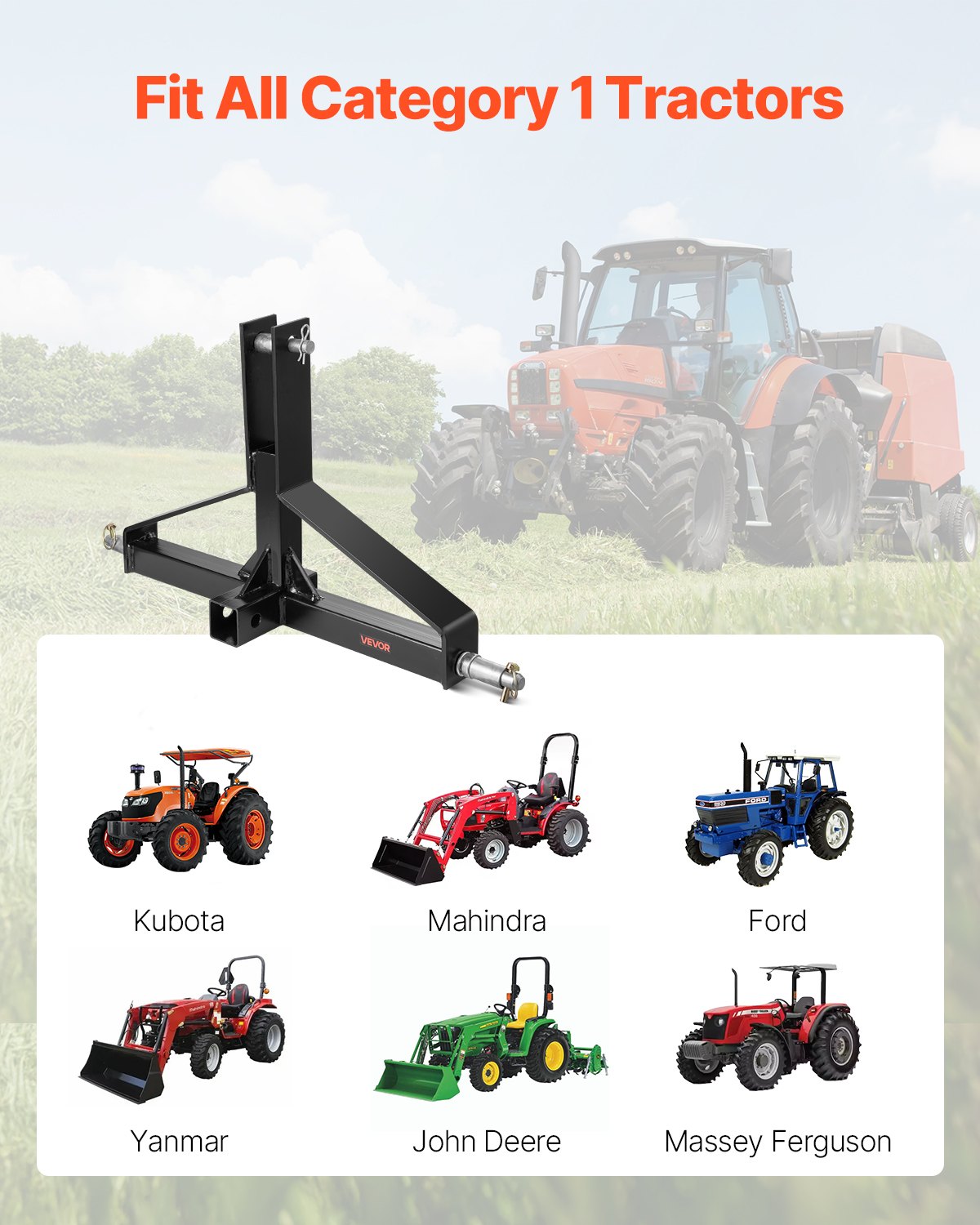 VEVOR Enganche de Remolque de 3 Puntos con Receptor de 50,8 mm para Tractor de Categoría 1 Carga 1360,78 kg Adaptador de Barra de Remolque Compatible con Kubota, Mahindra, Ford, Yanmar, John Deere