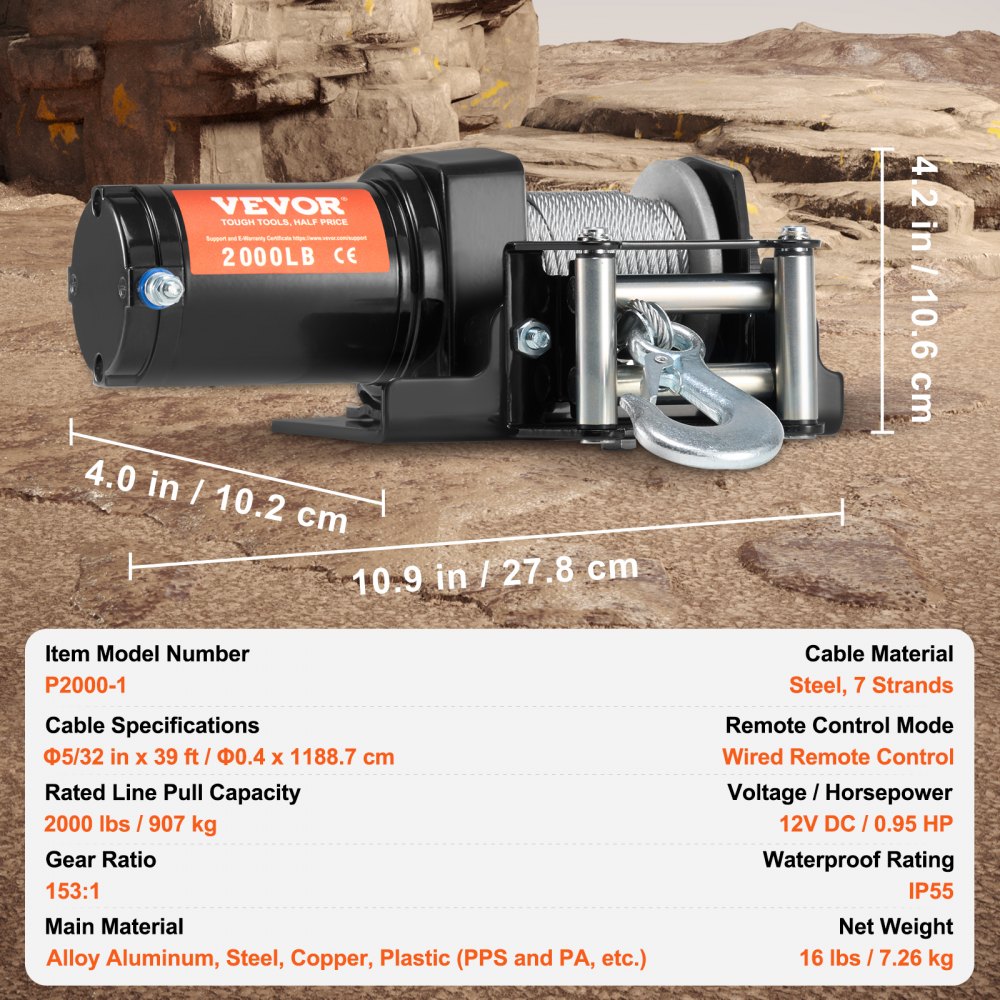 Cabrestante eléctrico VEVOR, capacidad de tracción de línea de 2000 lb, cabrestante ATV/UTV de 12 V CC con cable de acero de 7 hebras de Φ5/32 in x 39 ft, control remoto con cable, resistente al agua IP55 para remolcar UTV ATV todoterreno