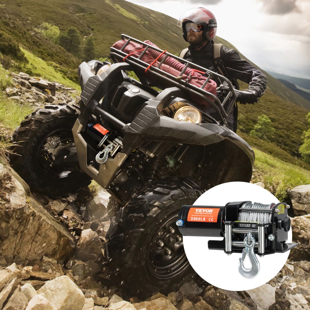 VEVOR Cabrestante Eléctrico ATV UTV Capacidad de Remolque 1361 kg 12 V DC Cable de acero de 7 Hilos Φ0,5 x 118,7 cm Control por Cable Impermeable IP55 para Remolque Todoterreno ATV UTV