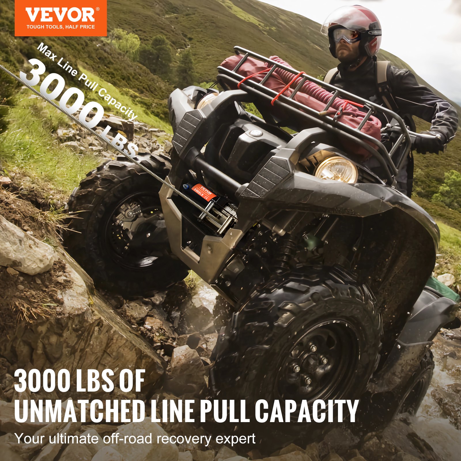 VEVOR Cabrestante Eléctrico ATV UTV Capacidad de Remolque 1361 kg 12 V DC Cable de acero de 7 Hilos Φ0,5 x 118,7 cm Control por Cable Impermeable IP55 para Remolque Todoterreno ATV UTV