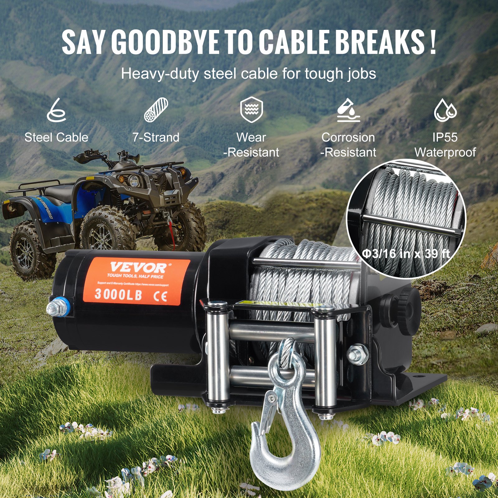 VEVOR Cabrestante Eléctrico ATV UTV Capacidad de Remolque 1361 kg 12 V DC Cable de acero de 7 Hilos Φ0,5 x 118,7 cm Control por Cable Impermeable IP55 para Remolque Todoterreno ATV UTV