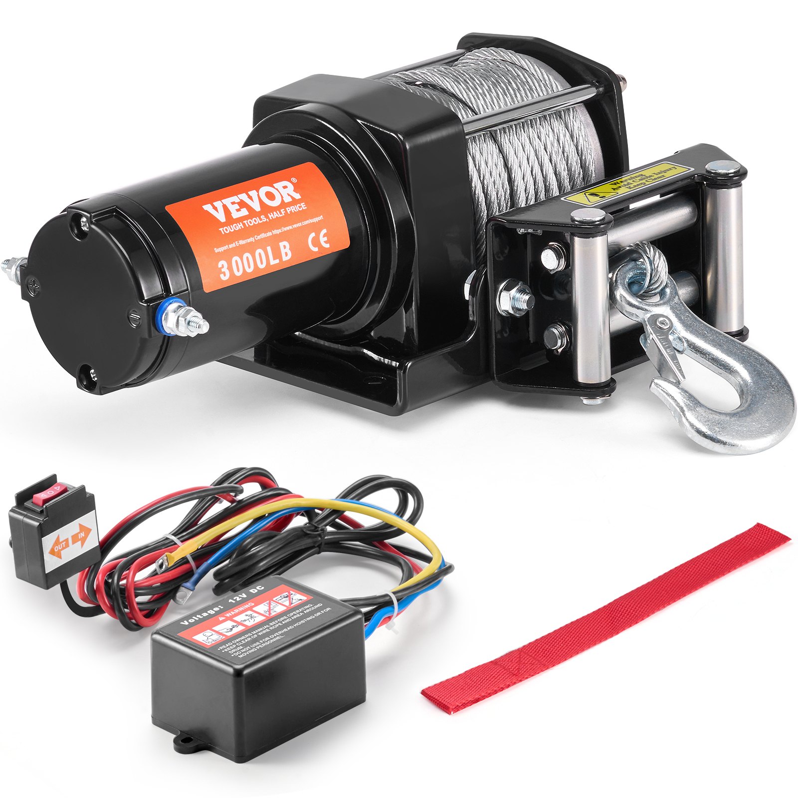 VEVOR Cabrestante Eléctrico ATV UTV Capacidad de Remolque 1361 kg 12 V DC Cable de acero de 7 Hilos Φ0,5 x 118,7 cm Control por Cable Impermeable IP55 para Remolque Todoterreno ATV UTV