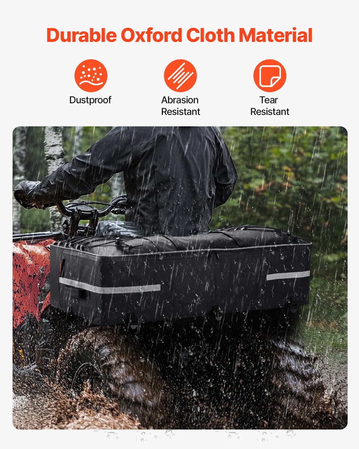 VEVOR Bolsa Trasera de 60 L para Quads y ATV, Fabricada en Tela Oxford 600D, Incluye Funda Impermeable, 850 x 400 x 220 mm, Compatible con la Mayoría de los Vehículos Todo Terreno, Color Negro
