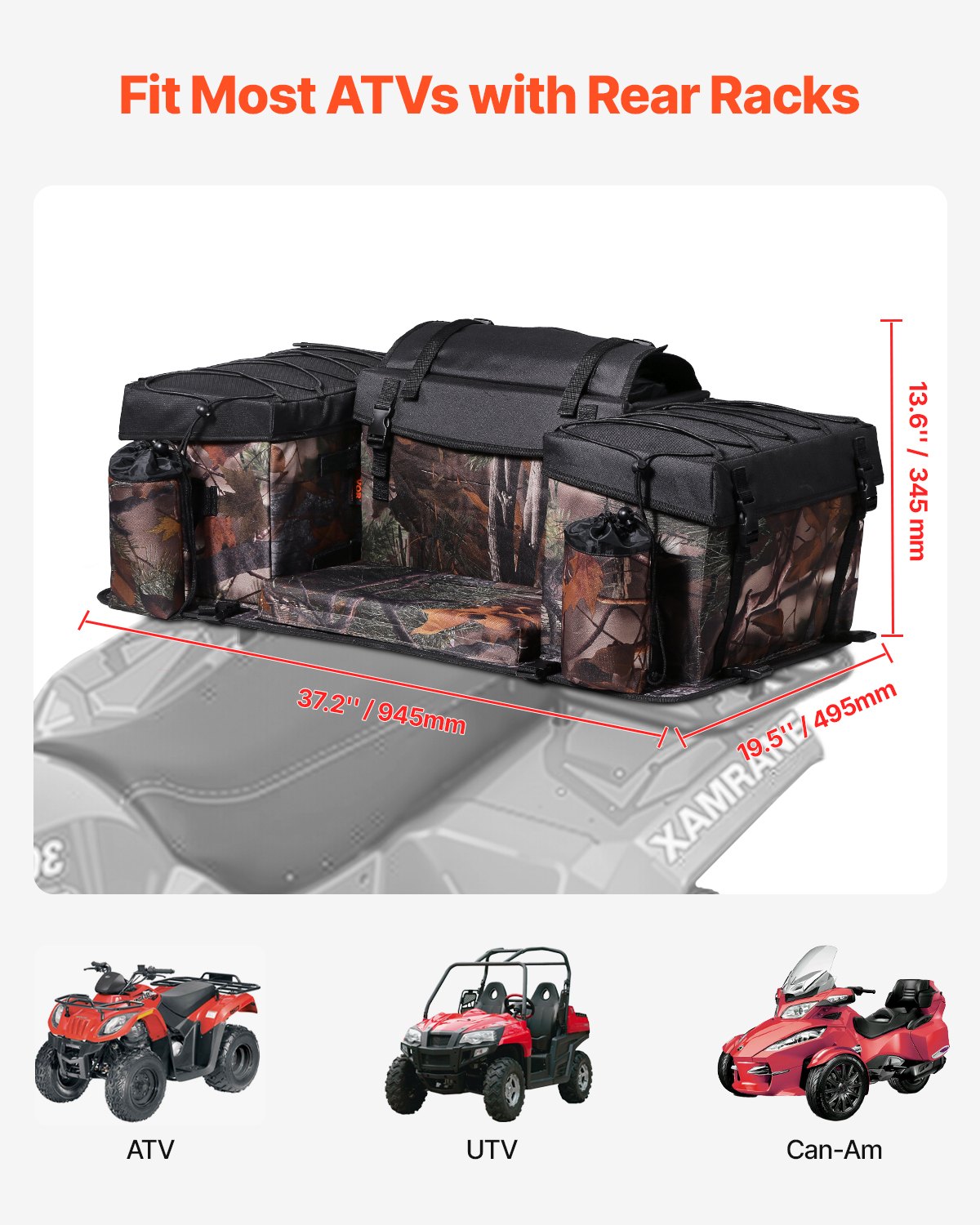 VEVOR Bolsa de Almacenamiento Trasera, 68 L, con Cojín de Esponja para Asiento y Portabotellas, Tela Oxford 600D, con Portaequipajes Trasero, Compatible con ATV, UTV, Can-Am, 945 x 495 x 345 mm
