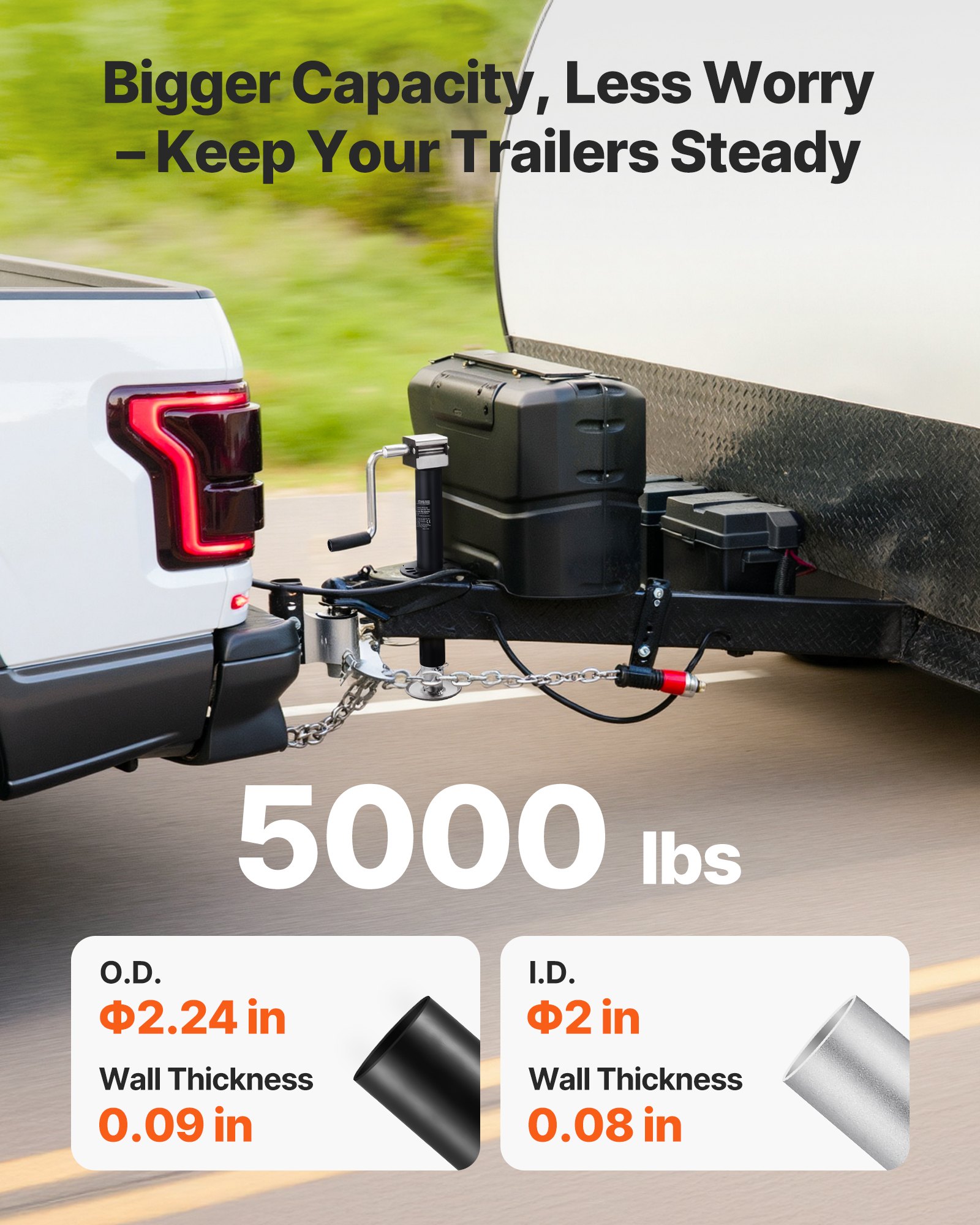 VEVOR Gato para Remolque Tipo A, Capacidad de 2267 kg, Carrera Vertical de 381 mm, con Pie Ajustable de 7 Niveles, Casquillo para Taladro, para Remolques de Caravanas, Utilitarios y de Yates