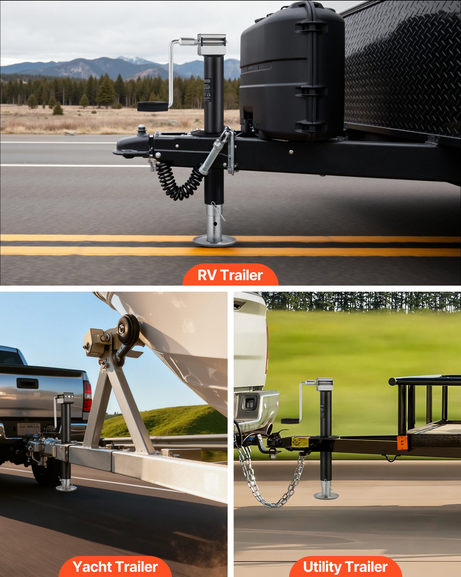 VEVOR Gato para Remolque Tipo A, Capacidad de 2267 kg, Carrera Vertical de 381 mm, con Pie Ajustable de 7 Niveles, Casquillo para Taladro, para Remolques de Caravanas, Utilitarios y de Yates