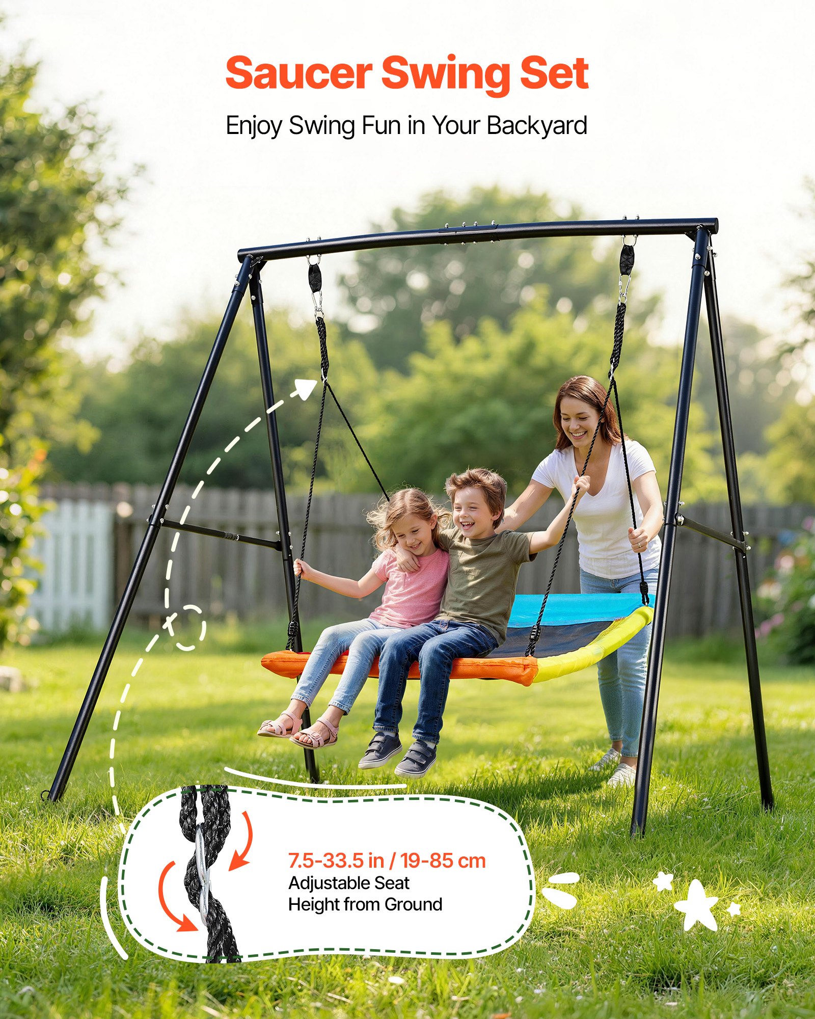 VEVOR Juego de Columpio Infantil Exterior, 180 x 184 x 181 cm, Juego de Columpio de Jardín, Carga hasta 199,6 kg, con Asiento Nido Cuadrado Colorido, Marco de Acero, para Niños Terraza Patio, Negro