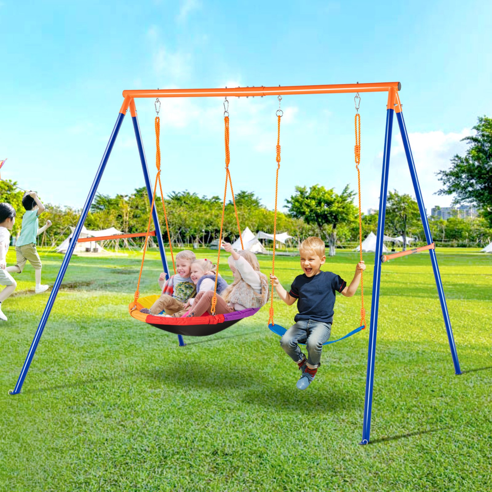 VEVOR Juegos de columpios para patio trasero, juego de columpios con capacidad de carga de 440 libras, con 1 asiento de columpio con platillo, 1 asiento de columpio con cinturón, soporte de columpio de metal con marco en A resistente y cuerda ajustable, columpio para exteriores para niños