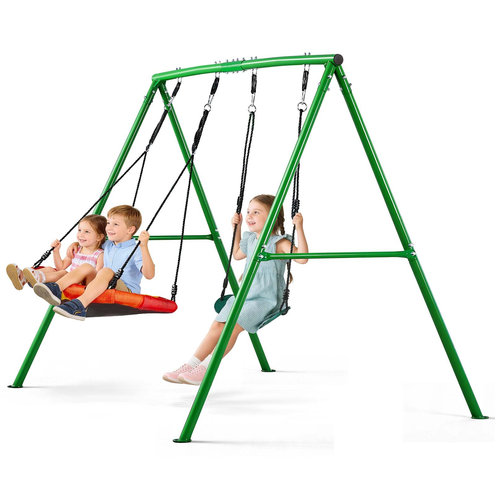 VEVOR Juego de Columpio Infantil Exterior, 312 x 200 x 220 cm, Capacidad de Carga hasta 318 kg, Juego de Columpio de Jardín para Niños, con 3 Asientos, Marco de Acero, para Patio Terraza, Verde Blanco