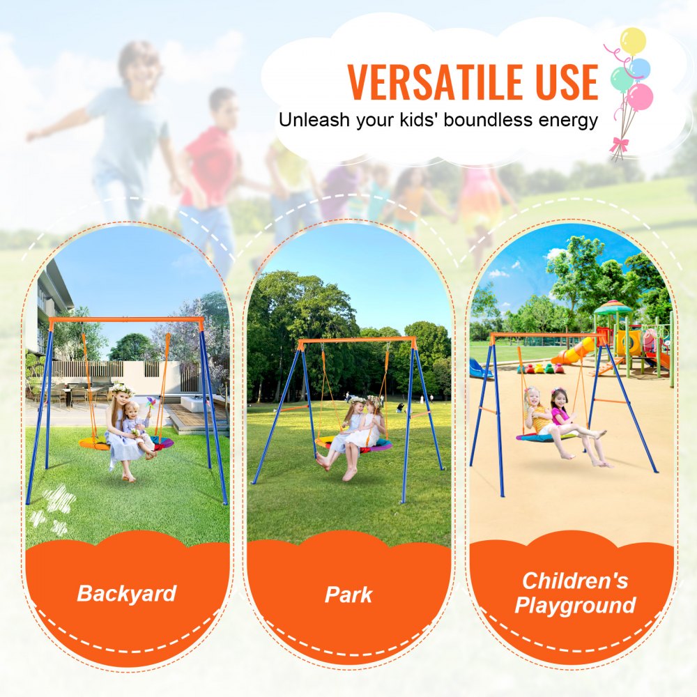 VEVOR Juegos de columpios para patio trasero, juego de columpios con capacidad de carga de 440 libras, asiento de columpio de platillo de 40 pulgadas con soporte de columpio de metal resistente y cuerda ajustable, fácil de montar, columpio al aire libre para niños