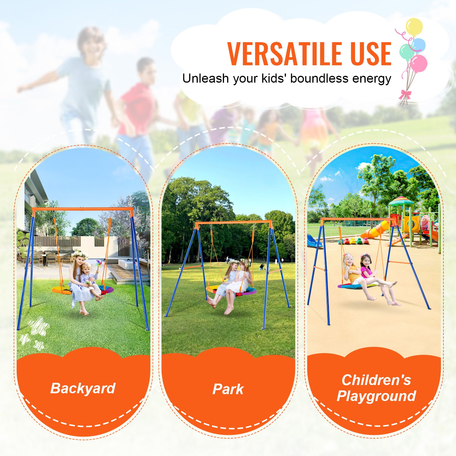 VEVOR Juegos de columpios para patio trasero, juego de columpios con capacidad de carga de 440 libras, asiento de columpio de platillo de 40 pulgadas con soporte de columpio de metal resistente y cuerda ajustable, fácil de montar, columpio al aire libre para niños