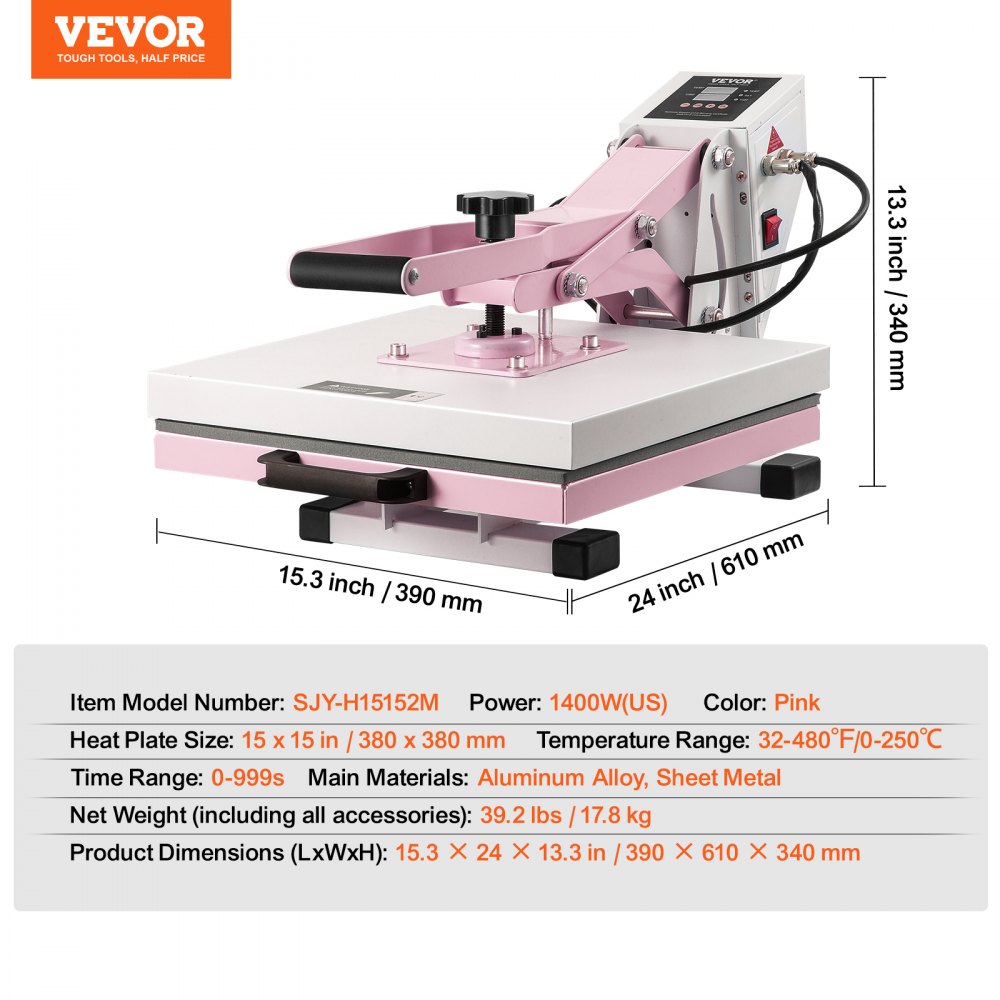 VEVOR Prensa de Calor 38 x 38 cm Prensa Térmica con Placa Extraíble Rosado, Máquina de Sublimación para Personalizar Camisetas Almohadas Bolsas, Temporizador, Control de Temperatura, Presión Ajustable