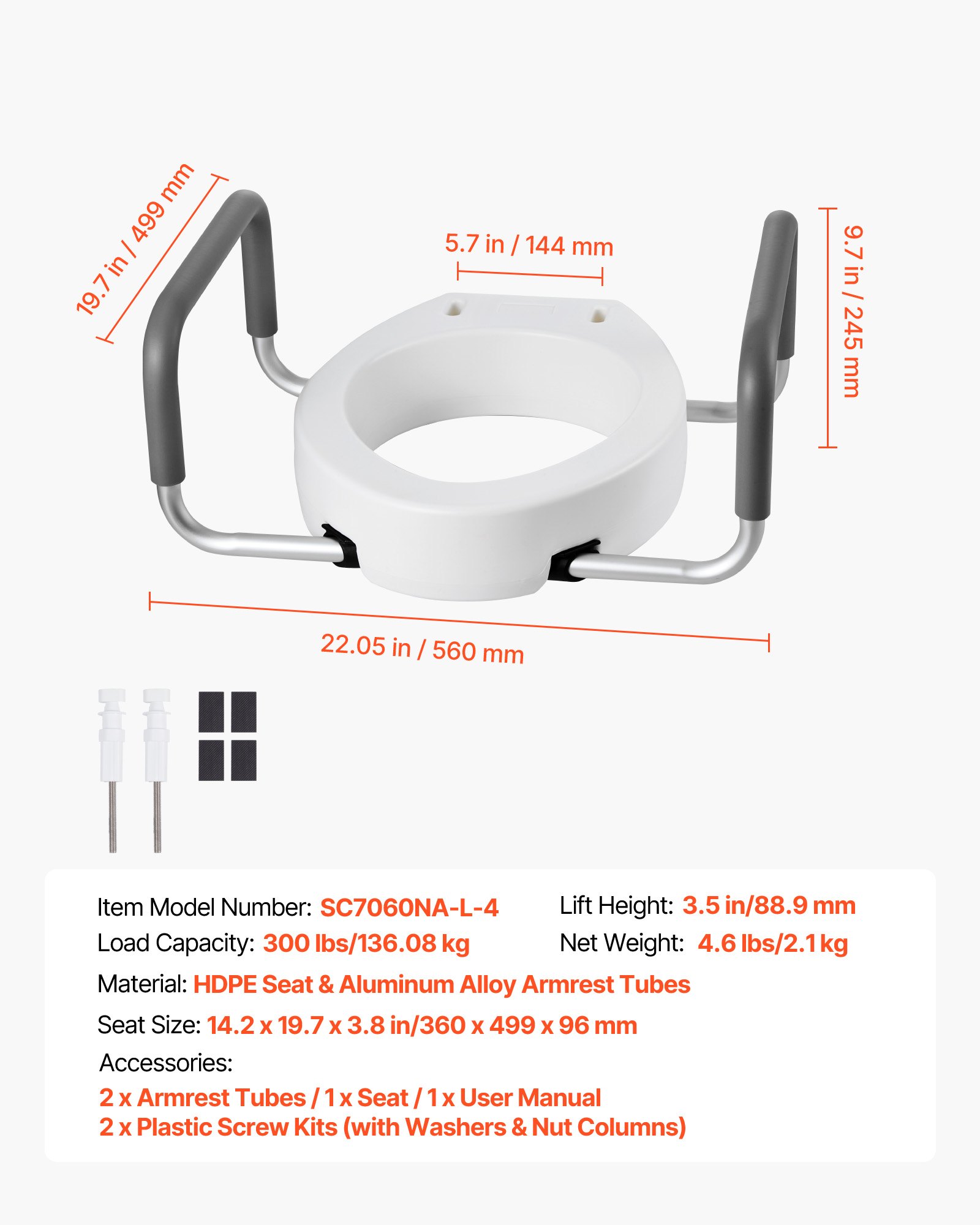 VEVOR Elevador de Inodoro, Carga de 136 kg y Altura de Elevación de 88,9 mm, con Reposabrazos para Personas Mayores, Personas con Discapacidad, Asiento Ensanchado, 560 x 499 x 245 mm, Blanco