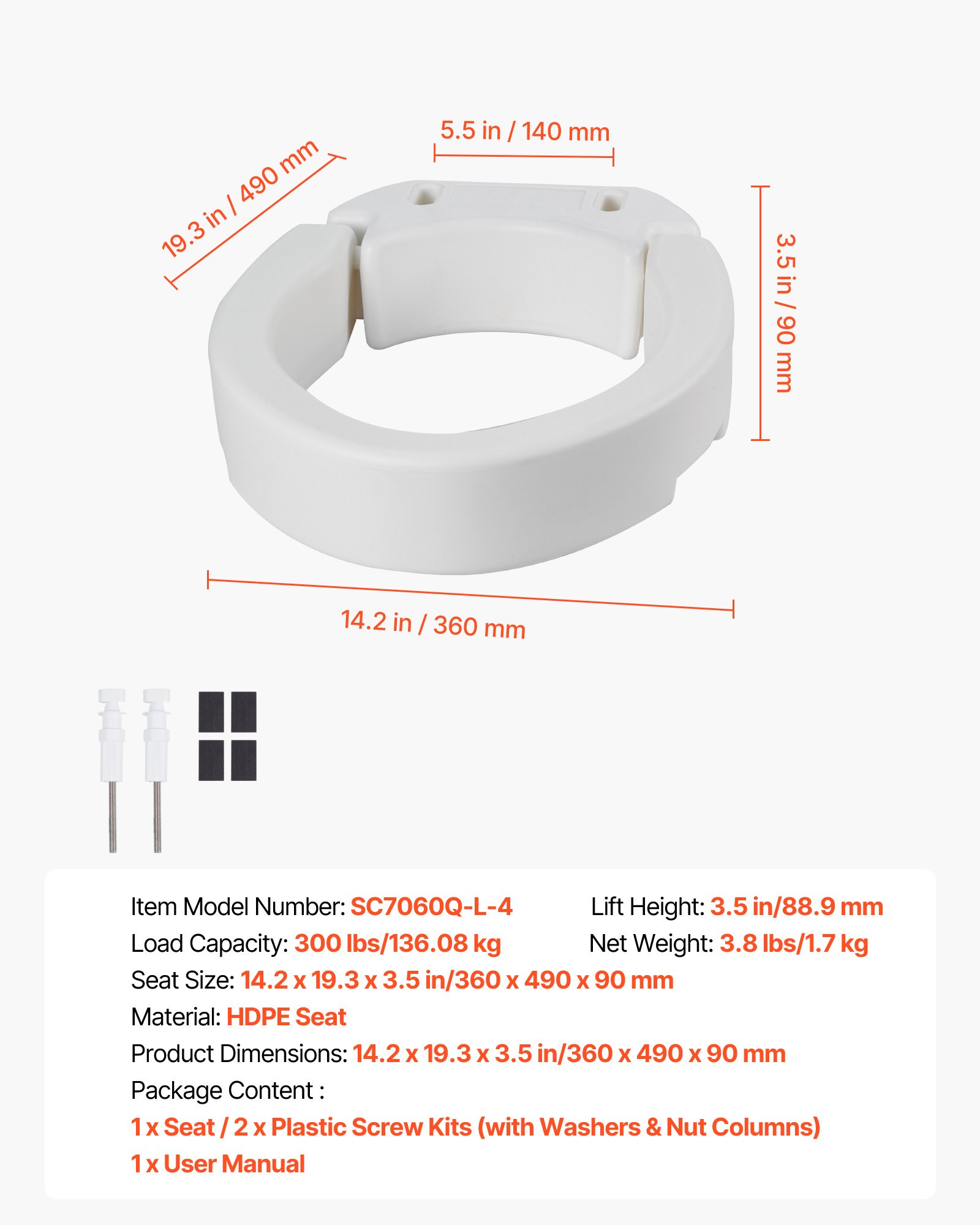 VEVOR Elevador de Asiento de Inodoro, Capacidad de Carga de 136 kg, con Altura de Elevación de 88,9 mm, con Abertura Ampliada para Personas Mayores, Inodoros Alargados, 360 x 490 x 90 mm, Blanco