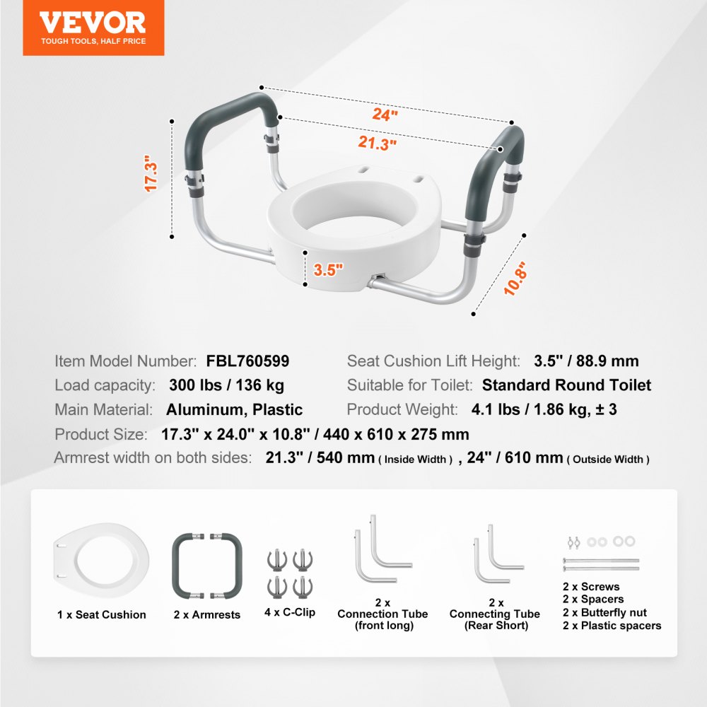 VEVOR Asiento Elevado para Inodoro 88,9 mm Carga de 136KG, para Inodoro Redondo Estándar, con Acolchado de Reposabrazos de EVA, para Ancianos, Discapacitados, Pacientes, Embarazadas, Médicos