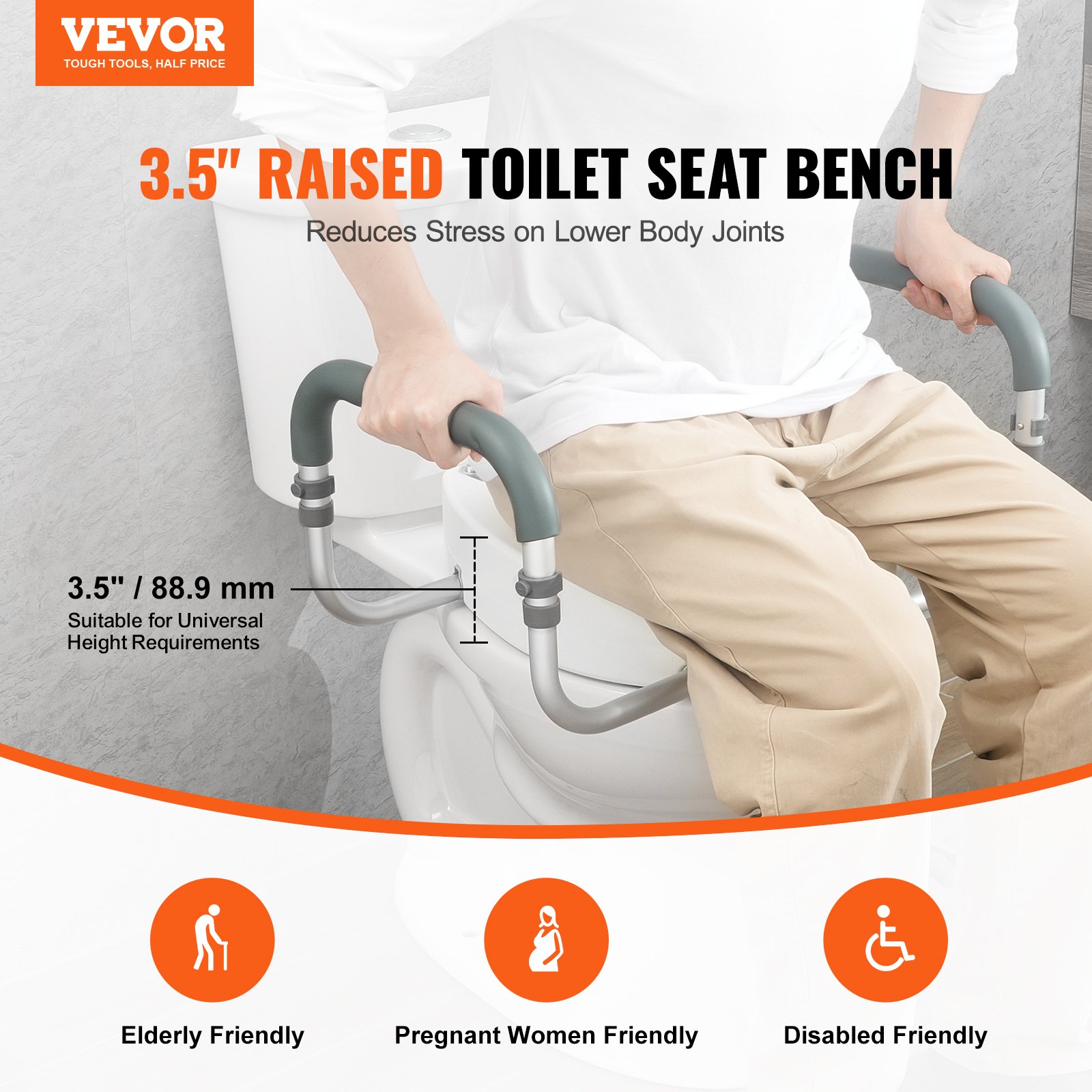 VEVOR Asiento Elevado para Inodoro 88,9 mm Carga de 136KG, para Inodoro Redondo Estándar, con Acolchado de Reposabrazos de EVA, para Ancianos, Discapacitados, Pacientes, Embarazadas, Médicos