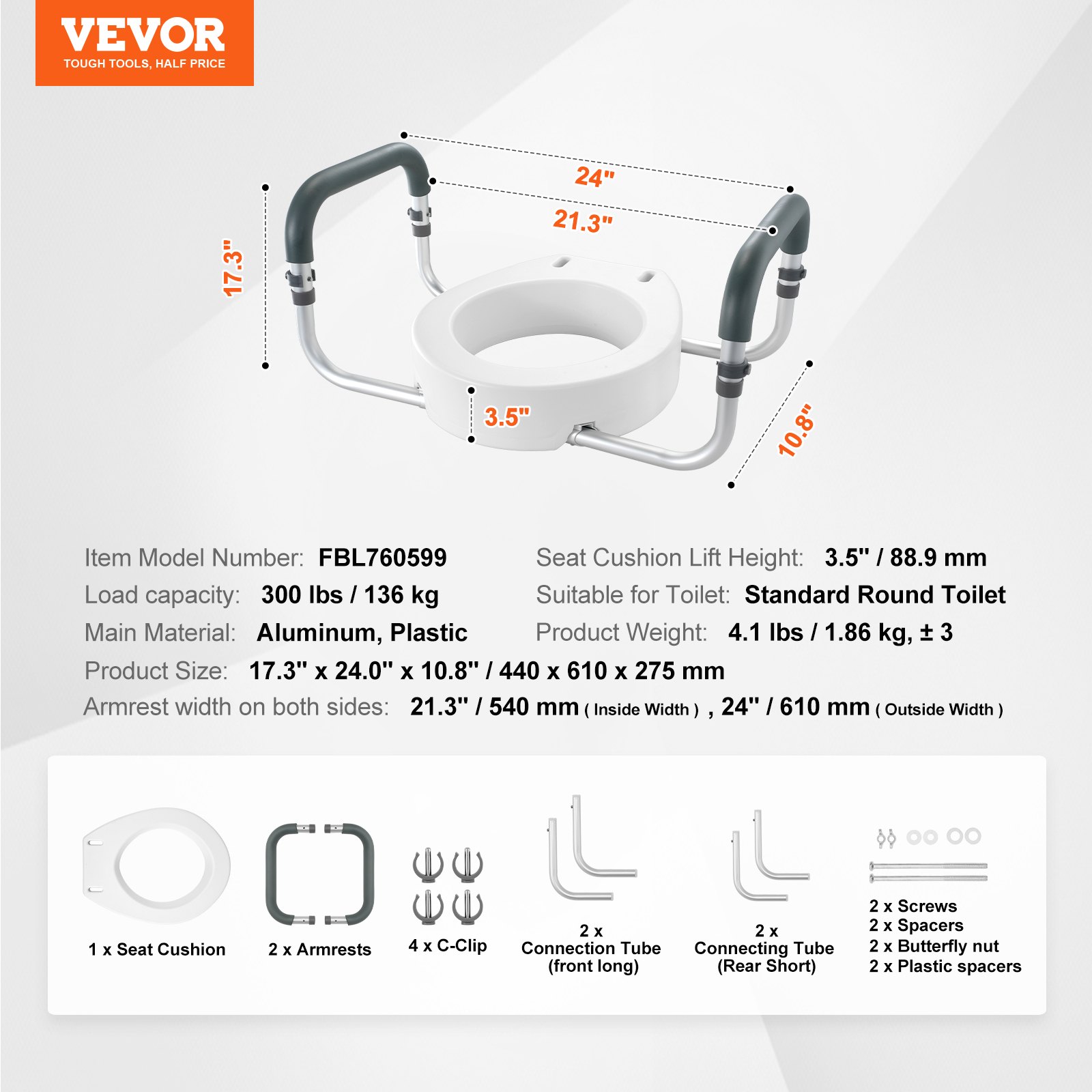 VEVOR Asiento Elevado para Inodoro 88,9 mm Carga de 136KG, para Inodoro Redondo Estándar, con Acolchado de Reposabrazos de EVA, para Ancianos, Discapacitados, Pacientes, Embarazadas, Médicos