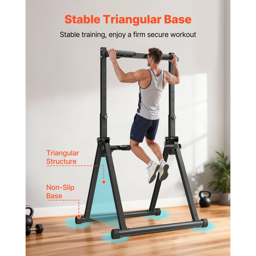 VEVOR Barra de Dominadas/Estación de Fondos Plegable, Carga de 150 kg, Estructura Triangular y Tubo de Acero Robusto, 9 Posiciones, para Entrenamiento de Fuerza de Brazos y Espalda, Color Negro