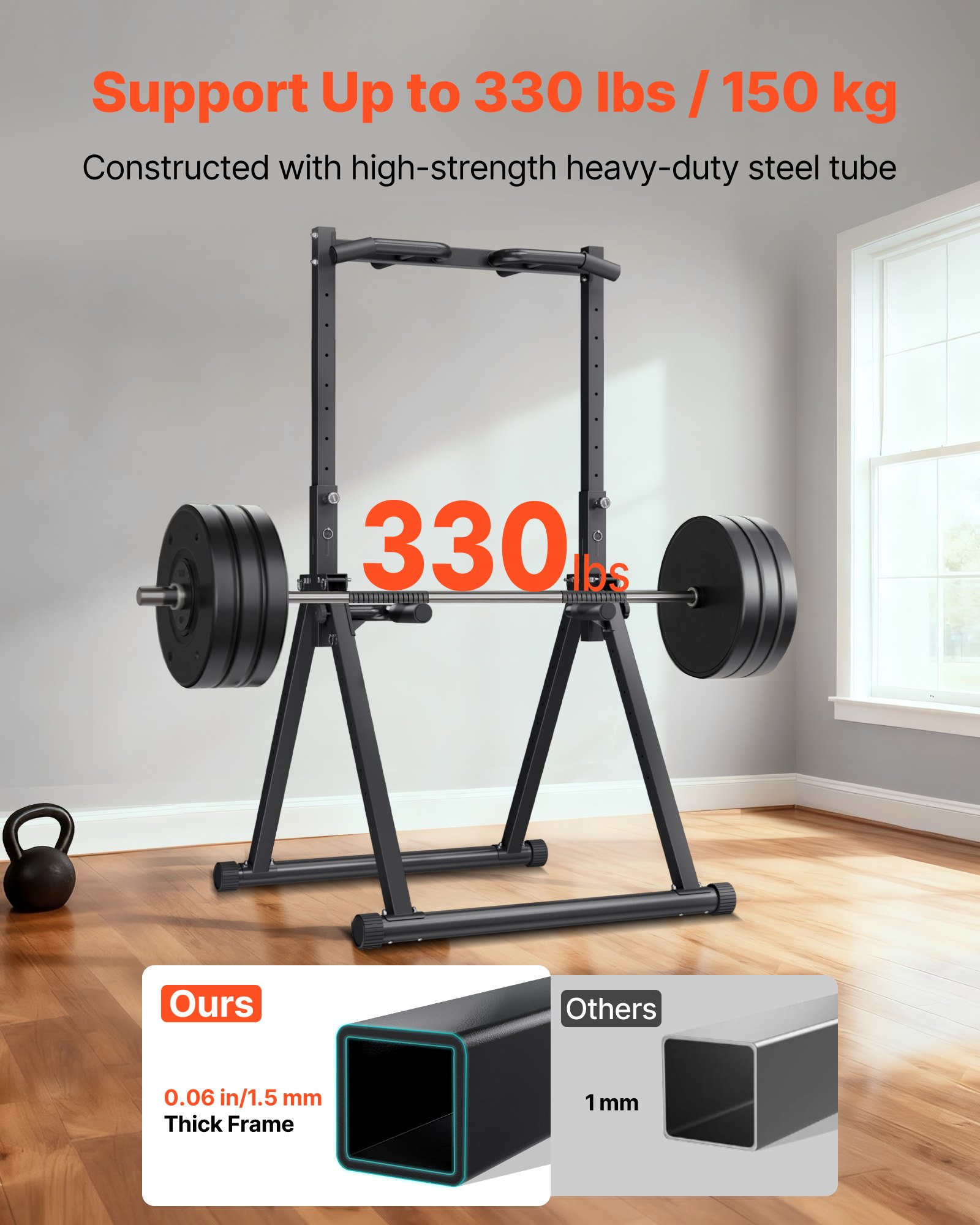 VEVOR Barra de Dominadas/Estación de Fondos Plegable, Carga de 150 kg, Estructura Triangular y Tubo de Acero Robusto, 9 Posiciones, para Entrenamiento de Fuerza de Brazos y Espalda, Color Negro