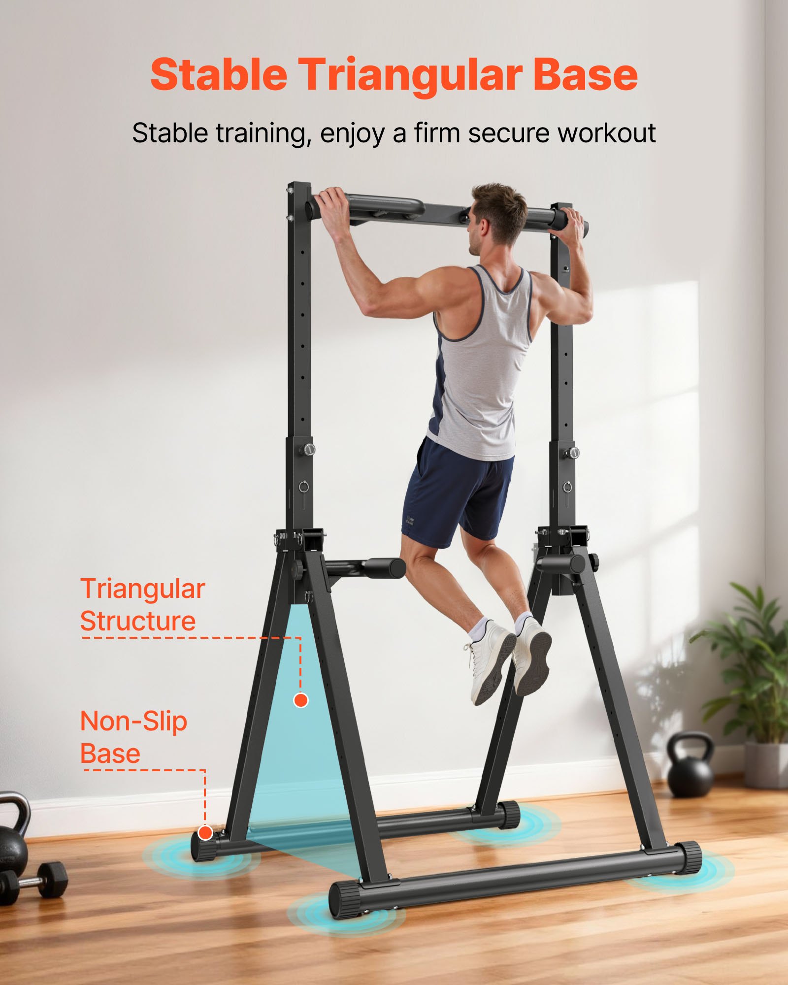 VEVOR Barra de Dominadas/Estación de Fondos Plegable, Carga de 150 kg, Estructura Triangular y Tubo de Acero Robusto, 9 Posiciones, para Entrenamiento de Fuerza de Brazos y Espalda, Color Negro