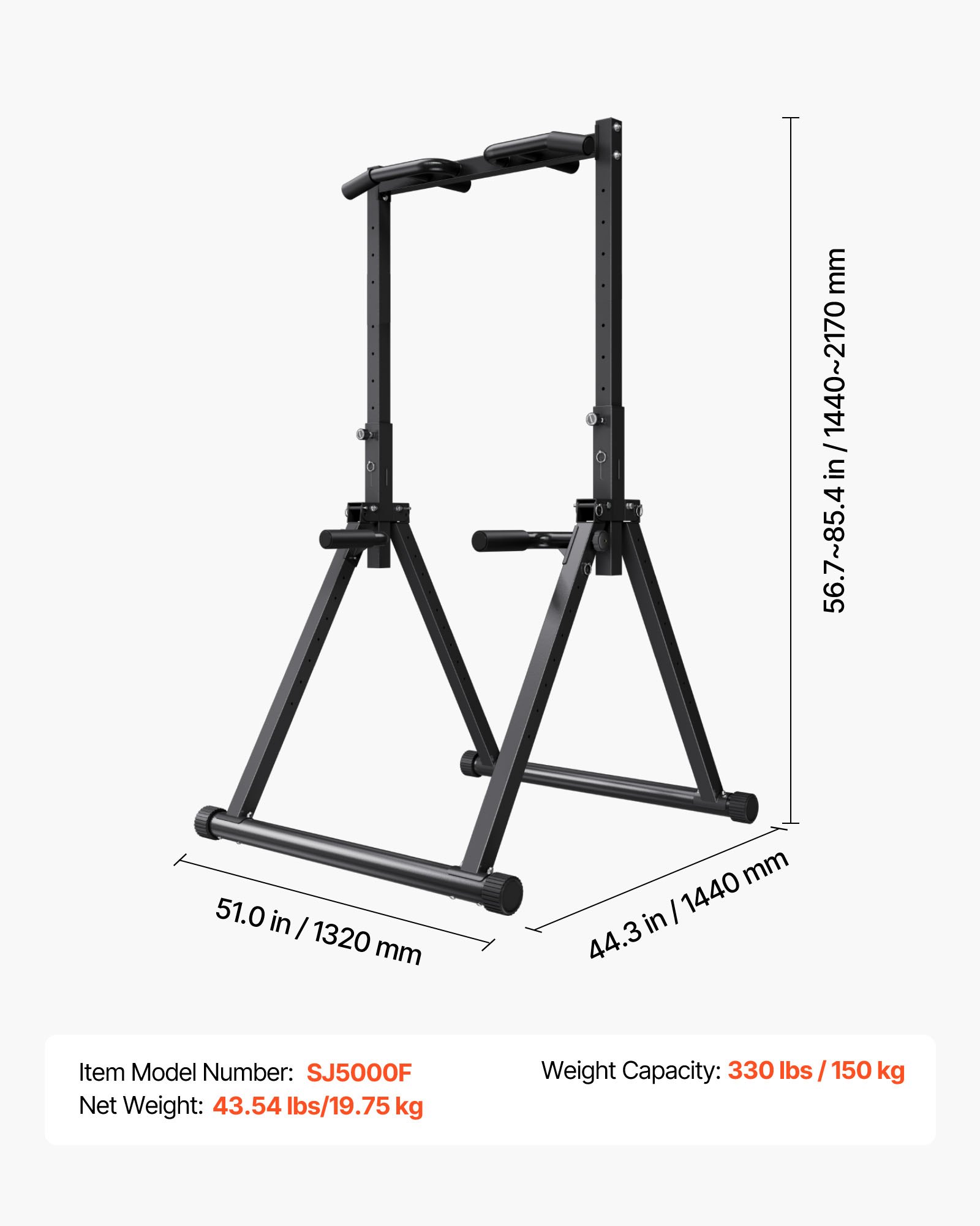 VEVOR Barra de Dominadas/Estación de Fondos Plegable, Carga de 150 kg, Estructura Triangular y Tubo de Acero Robusto, 9 Posiciones, para Entrenamiento de Fuerza de Brazos y Espalda, Color Negro