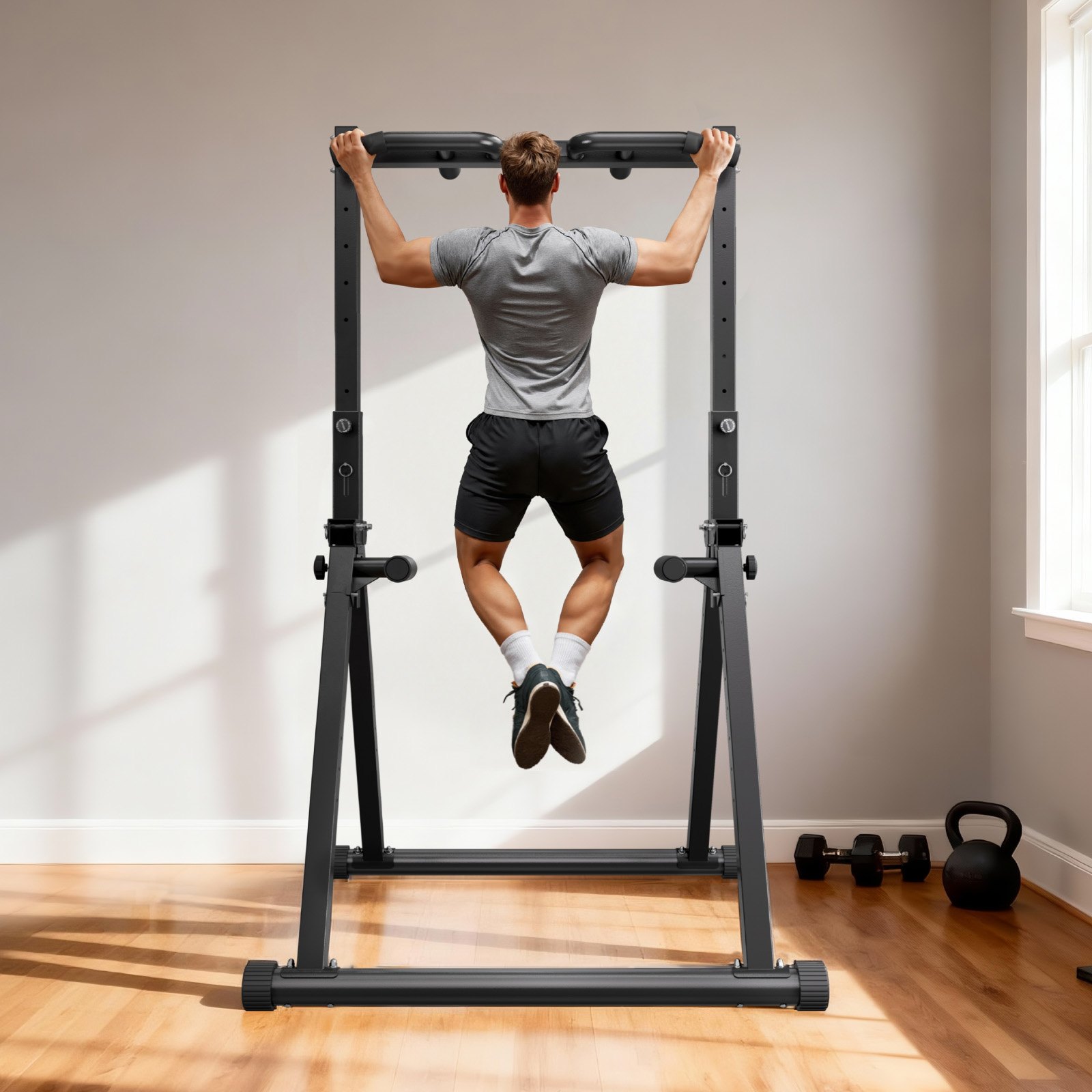 VEVOR Barra de Dominadas/Estación de Fondos Plegable, Carga de 150 kg, Estructura Triangular y Tubo de Acero Robusto, 9 Posiciones, para Entrenamiento de Fuerza de Brazos y Espalda, Color Negro