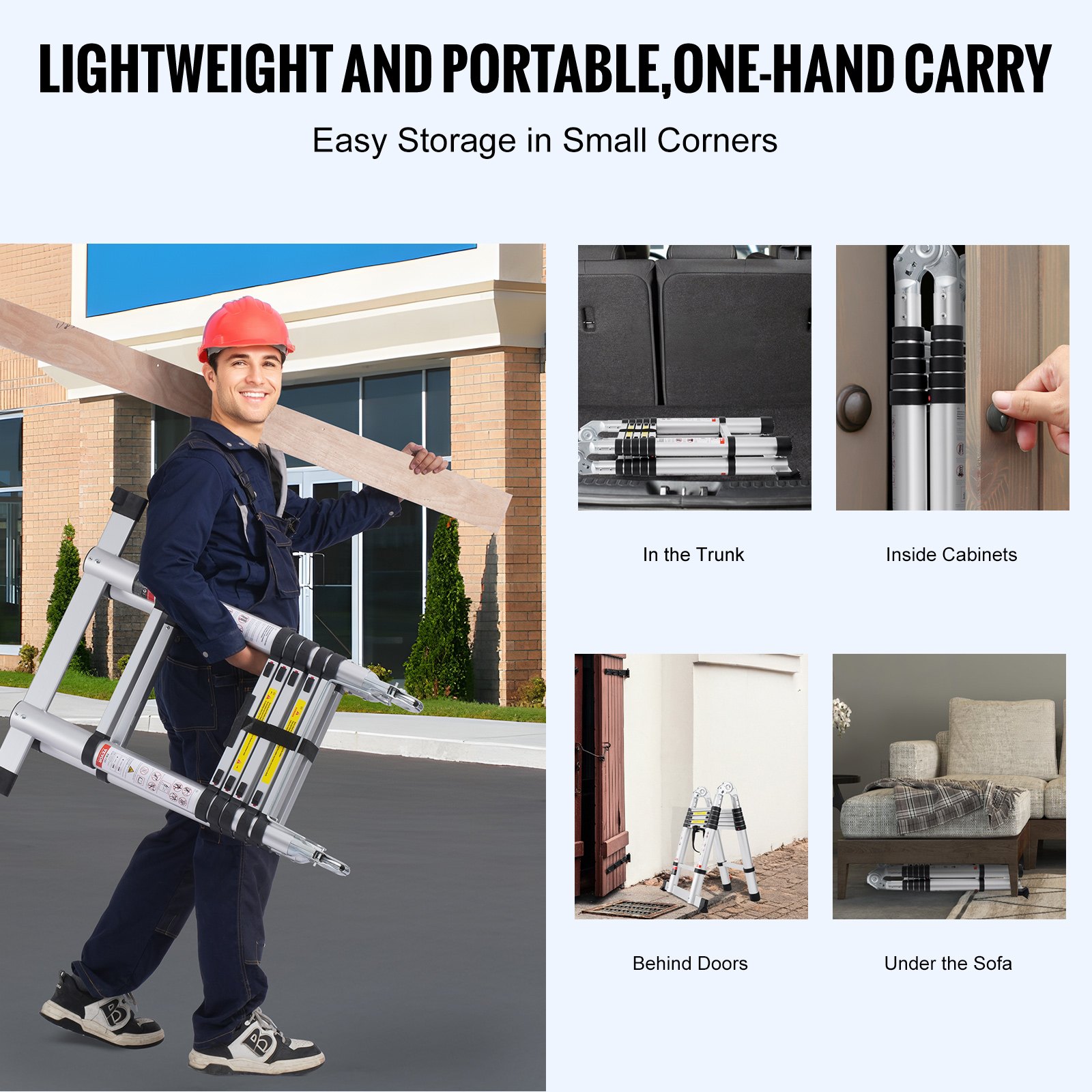 VEVOR Telescopic Ladder, 1.85-3.79m A-Shaped Aluminum Extension Ladder, Lightweight Folding Ladder with Multiple Retraction Mechanisms, 170 kg Load Capacity with Stabilizer Bar, Multi-Purpose Ladders for Motorhomes and Campers