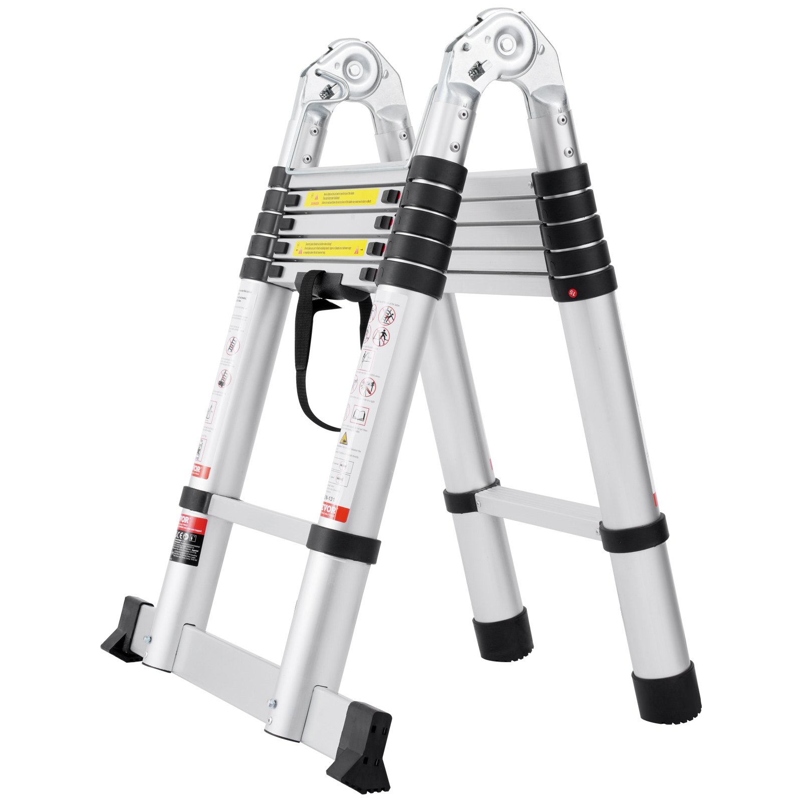 VEVOR Telescopic Ladder, 1.85-3.79m A-Shaped Aluminum Extension Ladder, Lightweight Folding Ladder with Multiple Retraction Mechanisms, 170 kg Load Capacity with Stabilizer Bar, Multi-Purpose Ladders for Motorhomes and Campers