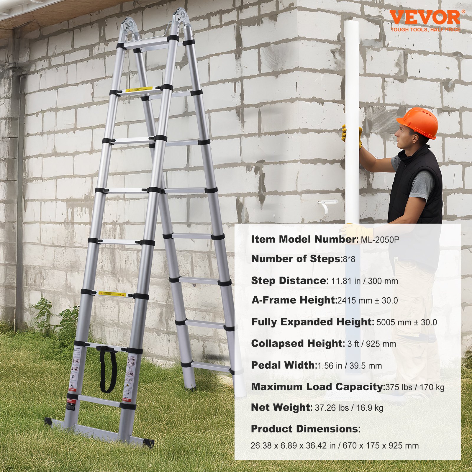 VEVOR Telescopic Ladder, 2.4-5 m, A-frame Aluminum Extension Ladder, Lightweight, Foldable Ladder with Multi-Retraction Mechanism, 170 kg Load Capacity with Stabilizer Bar, Multi-Purpose Ladder for Motorhomes and Campers