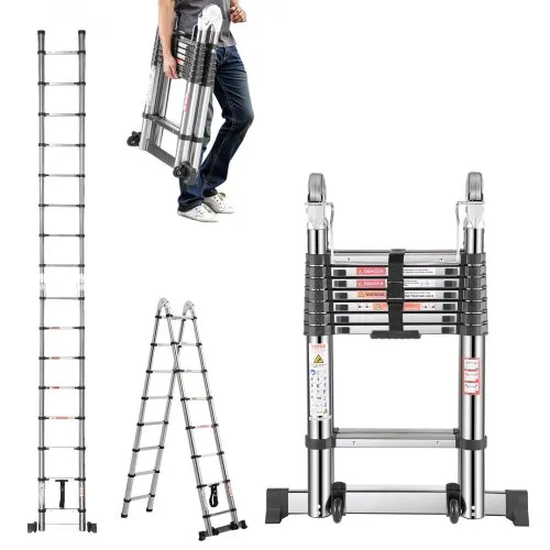 VEVOR Escalera Telescópica con Estructura en A, Acero Inoxidable, con Retracción de Múltiples Botones para RV, Carga 150 kg con Barra de Equilibrio para el Hogar, RV, Loft, 680 x 190 x 4985 mm