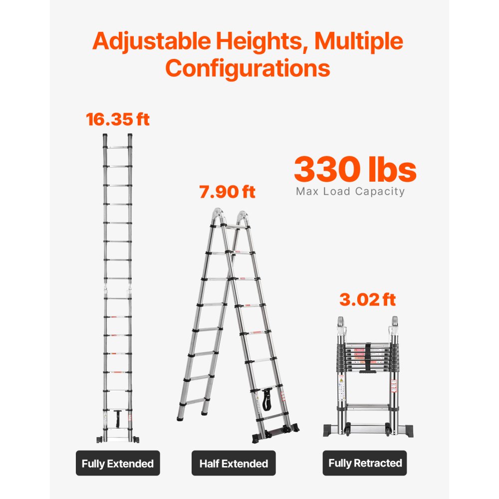 VEVOR telescopic ladder with A-frame, 4985 mm long stainless steel extension ladder, folding ladder with a load capacity of 150 kg (75°), ladder with leveling bar for home, camper van, attic