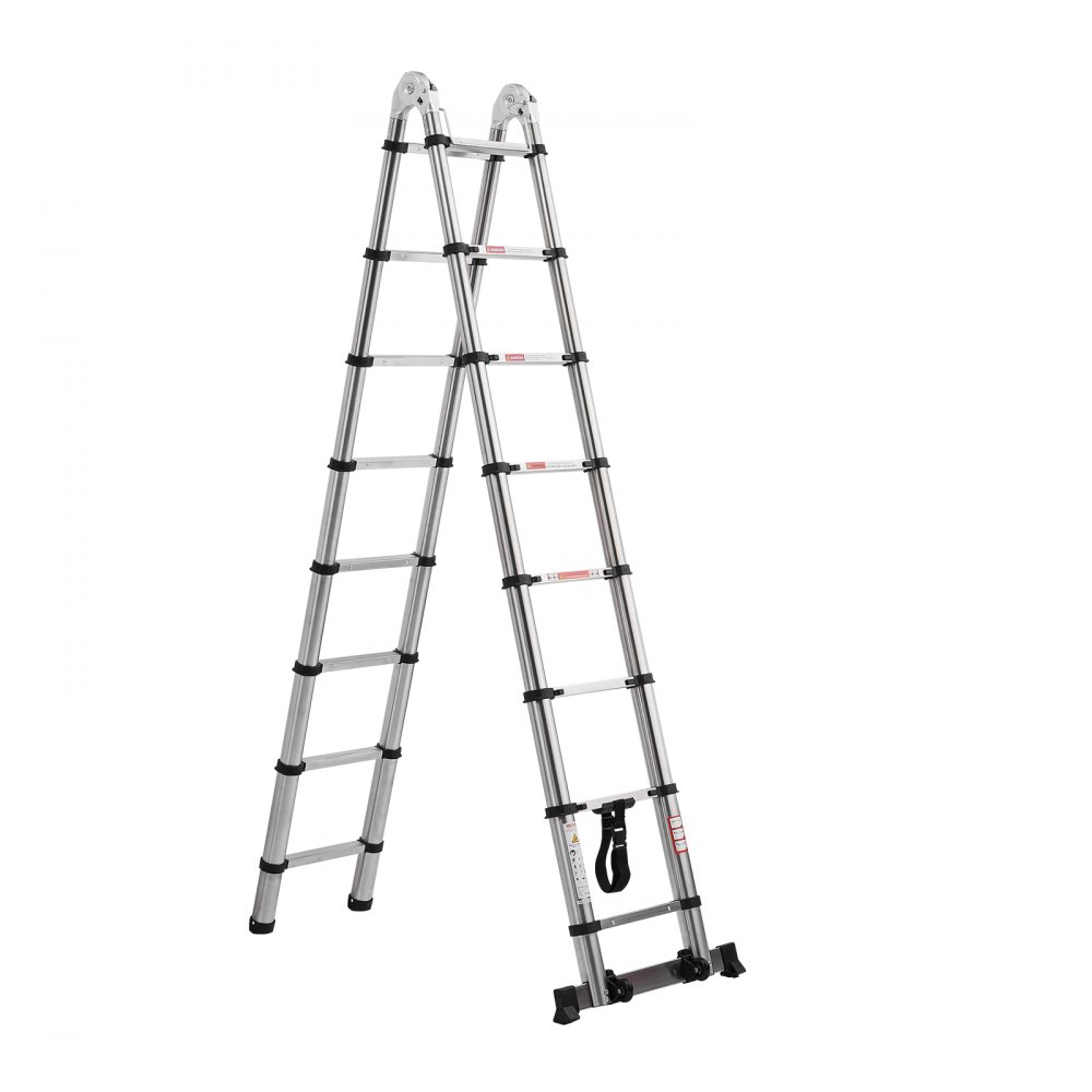 VEVOR telescopic ladder with A-frame, 4985 mm long stainless steel extension ladder, folding ladder with a load capacity of 150 kg (75°), ladder with leveling bar for home, camper van, attic