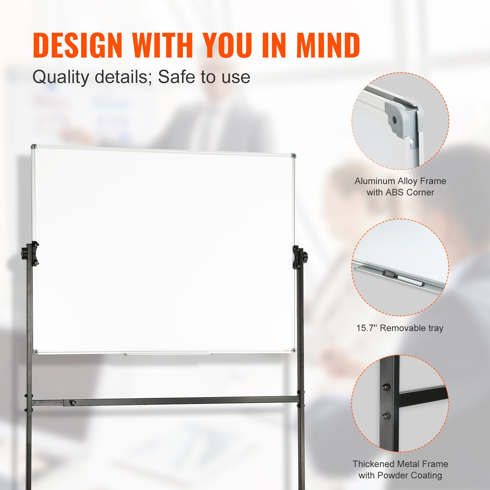 VEVOR Pizarra blanca magnética 118,3x76,4cm Pizarra blanca móvil de borrado en seco con soporte Pizarra reversible 360° Altura ajustable de doble cara con marcadores de borrador para oficina, escuela