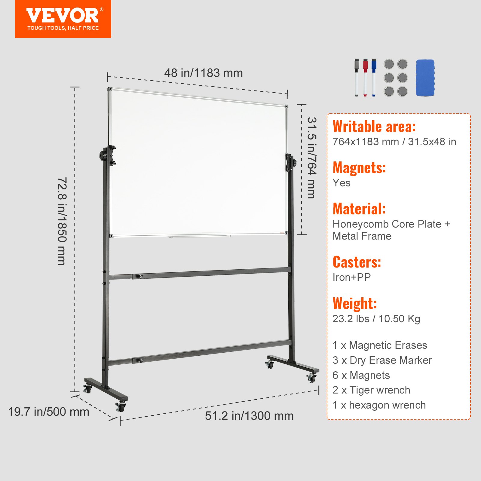 VEVOR Pizarra blanca magnética 118,3x76,4cm Pizarra blanca móvil de borrado en seco con soporte Pizarra reversible 360° Altura ajustable de doble cara con marcadores de borrador para oficina, escuela