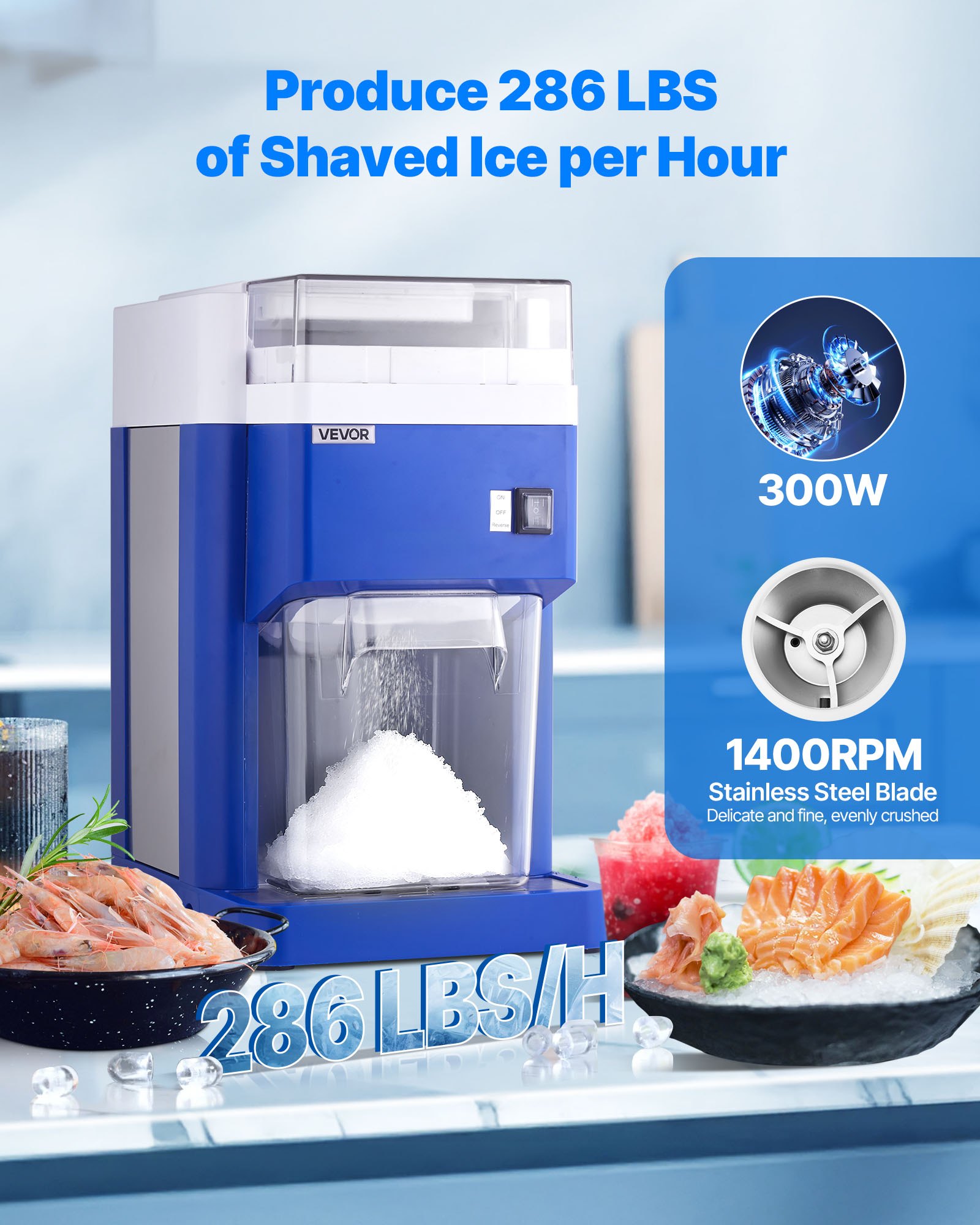 VEVOR  Máquina de Picar Hielo 1,8 L, con Motor de 300 W, Picadora de Hielo Eléctrica 130 kg/h, con Cuchillas de Acero Inoxidable, Ideal para Heladerías, Fiestas, Restaurantes, Pastelerías, Azul