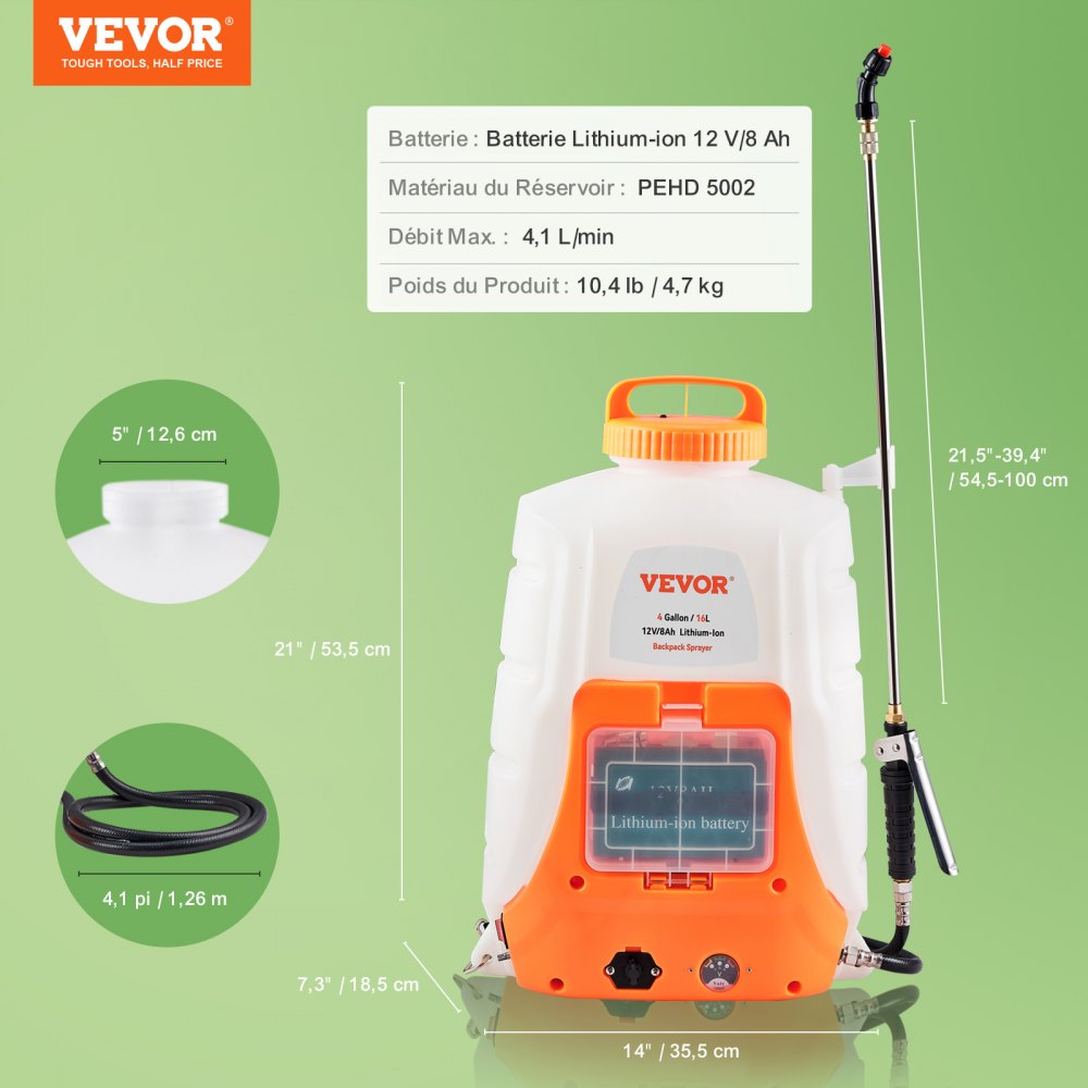 VEVOR Pulverizador Eléctrico de Mochila a Batería Presión Ajustable 0-90 PSI Capacidad de 16 L con 8 Boquillas 2 Varillas Batería de 12 V/8 Ah Uso en Interior y Exterior para Pulverización Limpieza