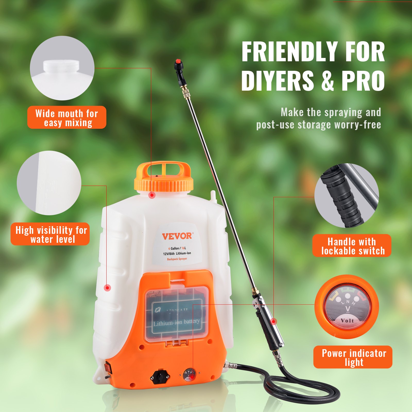 VEVOR Pulverizador Eléctrico de Mochila a Batería Presión Ajustable 0-90 PSI Capacidad de 16 L con 8 Boquillas 2 Varillas Batería de 12 V/8 Ah Uso en Interior y Exterior para Pulverización Limpieza