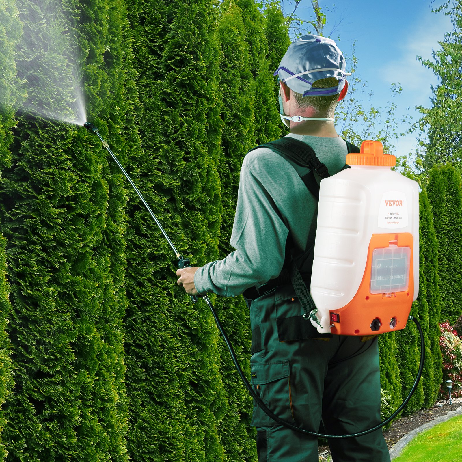 VEVOR Pulverizador Eléctrico de Mochila a Batería Presión Ajustable 0-90 PSI Capacidad de 16 L con 8 Boquillas 2 Varillas Batería de 12 V/8 Ah Uso en Interior y Exterior para Pulverización Limpieza