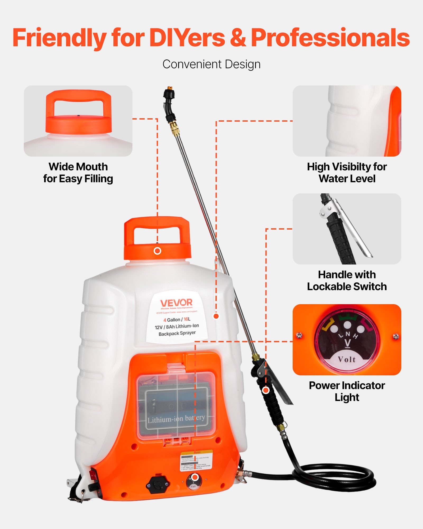 VEVOR Pulverizador Eléctrico de Mochila a Batería Presión Ajustable 0-90 PSI Capacidad de 16 L con 8 Boquillas 2 Varillas Batería de 12 V/8 Ah Uso en Interior y Exterior para Pulverización Limpieza
