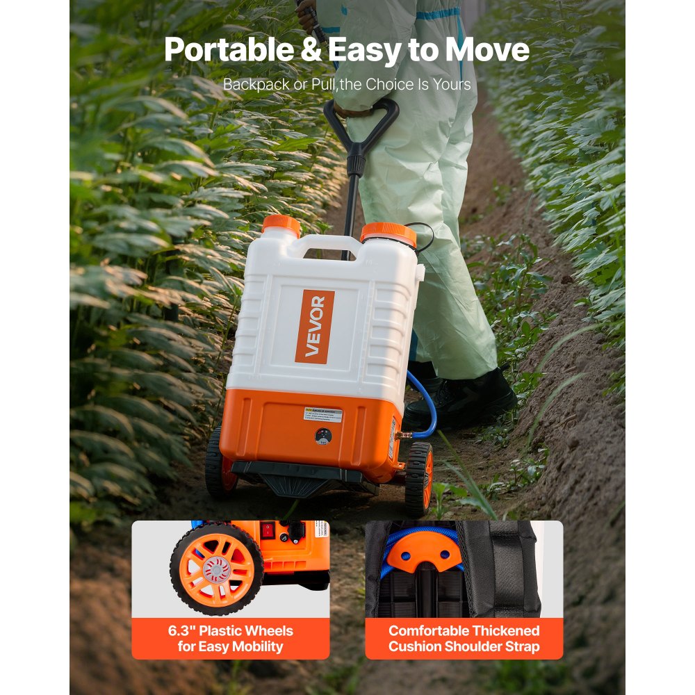 VEVOR Pulverizador de Mochila con Carro, Presión Ajustable 0-94 PSI, Tanque con Ruedas de 15L, con 6 Boquillas, 2 Varillas, Tapa de Boca Ancha para Jardín, Desmalezado, Pulverización, Limpieza